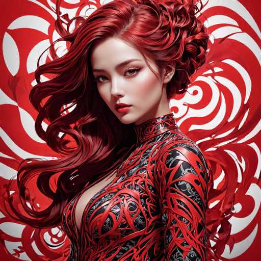 The image shows a woman with red hair wearing a black and red patterned dress against a red background featuring white swirls. The woman is looking directly at the camera with an expression of determination or focus.