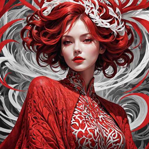 The image depicts a woman with red hair wearing a red and white patterned dress against a black background. The woman is looking directly at the camera, creating an engaging visual connection between her and the viewer.