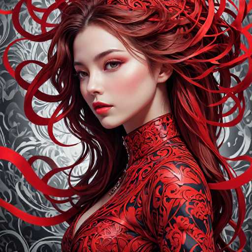 The image shows a close-up portrait of a woman with long red hair styled in an intricate updo. She is wearing a red dress adorned with black and white floral patterns that complement her fiery hair color. The background features a gray and white patterned design, which contrasts with the vibrant colors of the woman's attire.