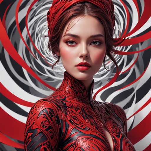 The image shows a close-up portrait of a woman with red hair and a red headband on her head. She is wearing a black and white patterned dress that has a unique design featuring a red and black pattern. The background of the image is a black and white spiral, which adds an artistic touch to the overall composition.