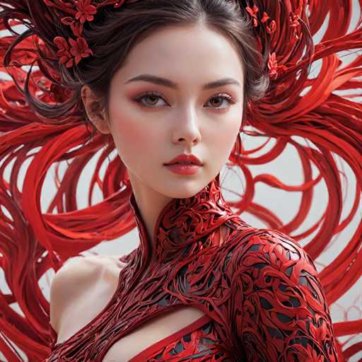 The image shows a young woman with long red hair styled in an intricate updo and wearing a red dress that features a cutout design on the shoulder area. The background is white, which contrasts with her vibrant red attire.