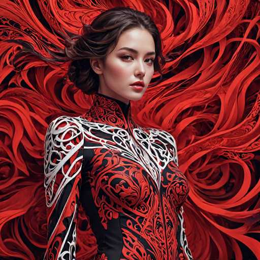 The image shows a young woman with long brown hair wearing a red and black dress with intricate designs on the sleeves and bodice. The background is a vibrant display of red and white lines that create an abstract pattern, adding depth to the scene.