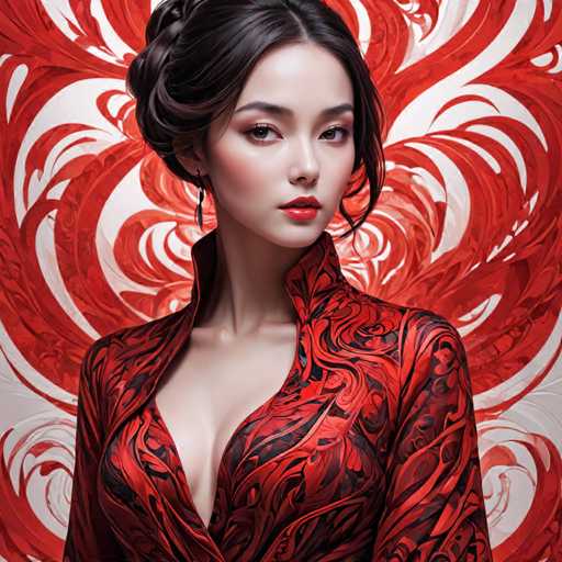 The image shows a woman with dark hair wearing a red dress and red lipstick. She is standing against a white background that features a pattern of red swirls and lines. The woman's gaze is directed straight at the camera, creating an engaging visual connection between her and the viewer.