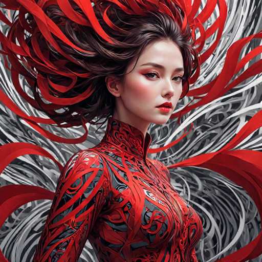 The image shows a woman with long brown hair and red hair styled into large waves. She is wearing a red dress that has intricate designs on it. The background of the image is black and white, which contrasts with her vibrant red hair and dress.