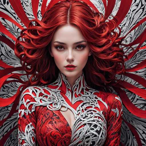 The image shows a close-up portrait of a woman with red hair styled in loose curls and wearing a red and white patterned dress. The background is black and white, featuring a large red and white design that appears to be swirling around the woman's face.