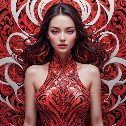The image shows a woman with long brown hair wearing an orange dress that has a black and red pattern on it. The background is a vibrant red with white swirls, creating a sense of movement and dynamism in the scene.