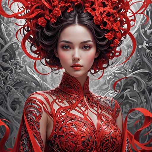 The image depicts a woman with long brown hair wearing an ornate red headdress adorned with flowers and ribbons. She is dressed in a red dress that features intricate designs on the bodice and skirt. The background of the image is a black and white patterned design, which contrasts with the vibrant colors of the woman's attire.