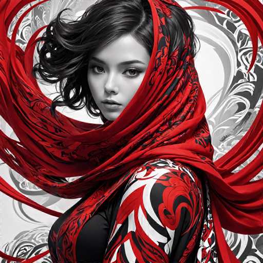 The image shows a woman with long dark hair wearing a red and white patterned dress that covers her face. The background is black and white, featuring a floral design.