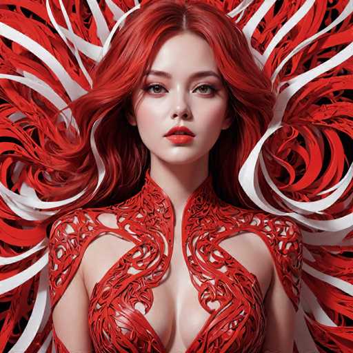 The image shows a close-up portrait of a woman with red hair styled in loose waves and wearing a red dress adorned with intricate designs. The background is black, which contrasts with the vibrant red color of her hair and dress, making her stand out prominently.