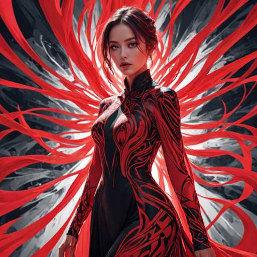The image shows a woman with long brown hair wearing a black and red dress that has an intricate design of red lines and shapes on it. The background is a gradient of red and white colors, creating a sense of depth and dimension to the scene.