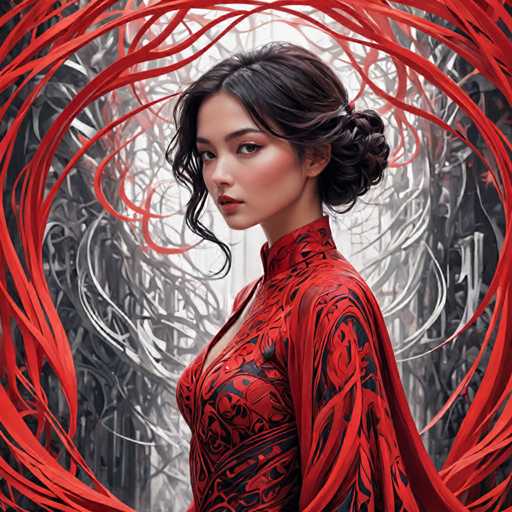 The image shows a woman with long dark hair wearing a red dress and a black top hat. She is standing against a backdrop of red and white lines that appear to be swirling around her. The background features a forest-like setting with trees and foliage.