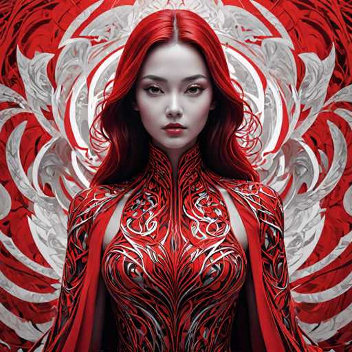 The image shows a woman with red hair and a red dress standing against a backdrop of white and black floral designs. The woman is positioned centrally within the frame, facing the camera directly.