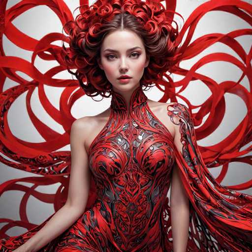 A woman with red hair and a red dress is the main subject of this image. She has her arms crossed over her chest and is looking directly at the camera. The background features a white wall with red lines that appear to be swirling around the woman's head.