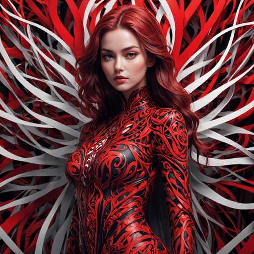 A woman with red hair is standing against a backdrop featuring white and red lines that appear to be swirling around her. She is wearing a black and red costume with intricate designs on the bodice and sleeves. The background is dark and blurred, drawing attention to the woman in the foreground.