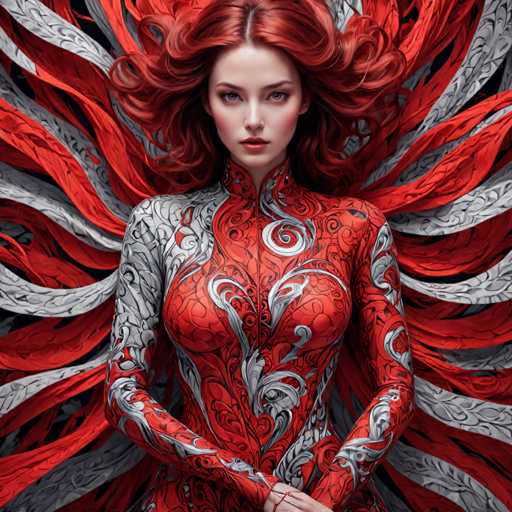 The image shows a woman with red hair and tattoos on her arms posing for the camera. She is wearing a red and white outfit that has intricate designs on it. The background of the photo features a black and white patterned design, which complements the woman's attire.
