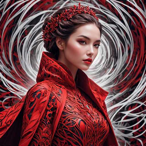 The image shows a woman wearing a red dress with intricate designs and a crown on her head. The background is black and white, featuring a circular pattern that appears to be swirling around the woman's face.