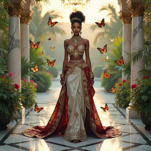The image features a beautiful woman wearing an elaborate, ornate dress and a crown. She is standing in front of a garden filled with various flowers, including roses and butterflies. The garden appears to be a palace or a grand hall, adding to the overall elegance of the scene. The presence of numerous butterflies around her suggests that she might be attending a special event or celebration where such decorations are common.