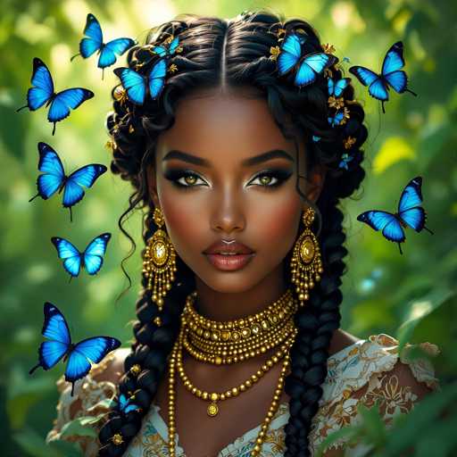 The image features a beautiful woman with long braids and gold jewelry, including earrings. She is wearing a white dress that complements her overall appearance. The background of the image is filled with numerous blue butterflies, creating an enchanting atmosphere around the woman. This artistic composition highlights the elegance and grace of the woman while also incorporating the captivating beauty of nature through the presence of the butterflies.