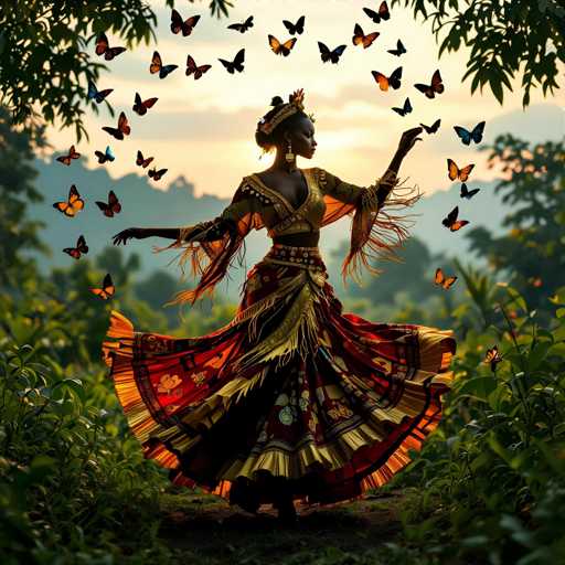 The image features a beautiful woman in a colorful dress, surrounded by numerous butterflies. She is standing on a dirt path and appears to be dancing or twirling around the butterflies as they fly around her. The scene creates an enchanting atmosphere with the combination of the woman's elegant attire and the lively presence of the butterflies.