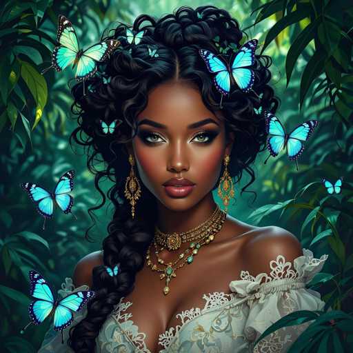 The image features a beautiful woman with long dark hair and blue butterflies adorning her head. She is wearing an elegant white dress, which complements the overall theme of the scene. The butterflies are scattered throughout the image, adding a sense of movement and liveliness to the composition. The combination of the woman's striking appearance and the whimsical presence of the butterflies creates a captivating visual experience for the viewer.