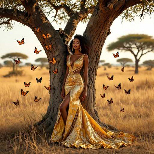 The image features a beautiful woman wearing an elegant gold dress, standing next to a tree in the middle of a field. She is positioned under a large tree with numerous butterflies flying around her. The scene creates a sense of serenity and natural beauty as she enjoys her time outdoors.