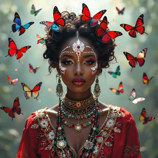 The image features a beautiful woman with red hair and face, adorned in traditional African attire. She is wearing a red dress that complements her skin tone and has intricate designs on it. The woman also has multiple butterfly tattoos painted on her face, adding to the overall cultural theme of the image. Surrounding her are numerous butterflies, creating an enchanting atmosphere reminiscent of a fairy tale or magical forest setting.