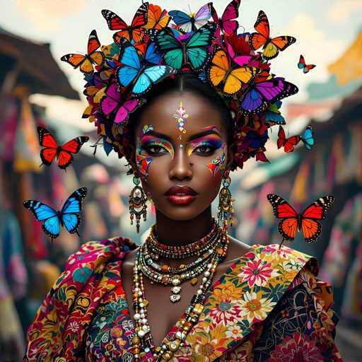 The image features a beautiful woman with colorful makeup and a butterfly-themed headband, surrounded by numerous butterflies. She is wearing a dress that complements the vibrant colors of her attire and accessories. The butterflies are scattered throughout the scene, some closer to the foreground while others are further away in the background. This artistic composition creates an enchanting atmosphere, capturing the essence of nature's beauty through the woman's unique style and the butterfly motif.