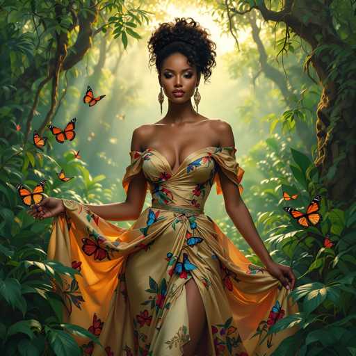The image features a beautiful woman wearing an ornate, colorful dress with butterfly designs. She is standing in the middle of a lush green forest filled with trees and butterflies. The woman appears to be holding a butterfly close to her face, possibly admiring its beauty or feeling a sense of connection with nature. Her attire and surroundings create a captivating scene that showcases both elegance and the enchanting atmosphere of the forest.