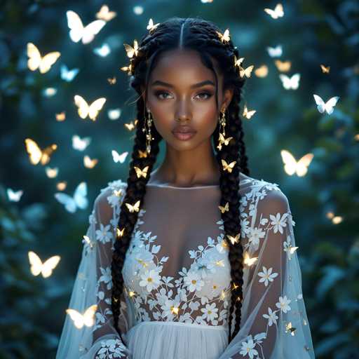 The image features a beautiful young woman with long braids and an elegant white dress. She is wearing earrings, which add to her overall stylish appearance. The background of the photo is filled with numerous butterflies in various colors, creating a whimsical atmosphere that complements the woman's attire perfectly.