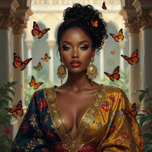 The image features a beautiful woman with dark hair and red lipstick, wearing an ornate dress. She is surrounded by numerous butterflies in various colors, creating a vibrant and lively atmosphere around her. The combination of the woman's striking appearance and the colorful butterflies adds a sense of elegance and charm to the scene.