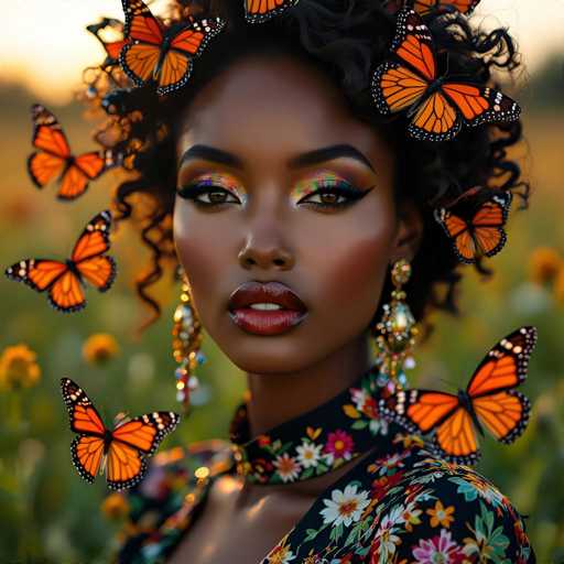The image features a beautiful woman with long dark hair wearing a dress and surrounded by numerous orange butterflies. The butterflies are scattered around her, some close to her head while others are near the bottom of the frame or in the background. Her face is lit up with a smile as she looks directly at the camera, creating an enchanting atmosphere.