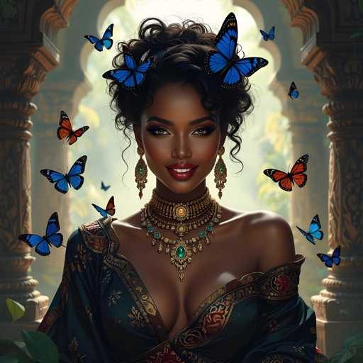 The image features a beautiful woman with black hair and an attractive smile, wearing a blue dress. She is surrounded by numerous butterflies of various colors, including orange, blue, and yellow ones. The butterflies are scattered around her, creating a vibrant and lively atmosphere in the scene. This artistic representation showcases the woman's elegance and grace while also celebrating the beauty of nature through the presence of these colorful insects.