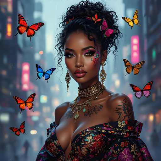 The image features a beautiful young woman with dark hair and makeup, wearing a dress that is adorned with butterflies. She has several colorful butterfly tattoos on her body, adding to the overall theme of the scene. The butterflies are scattered around her, some close up while others are farther away, creating an artistic and captivating atmosphere in the image.