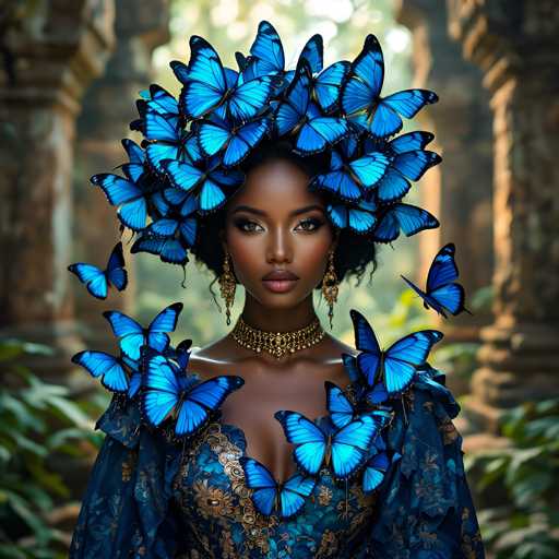 The image features a beautiful young woman with dark hair, wearing an elaborate blue dress adorned with numerous butterflies. The butterflies are scattered throughout the dress and her headpiece, creating a stunning and captivating visual effect. Her face is also visible in the picture, adding to the overall charm of the scene.