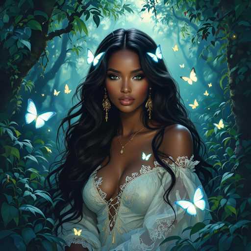 The image features a beautiful woman with long, dark hair wearing an elegant dress. She is surrounded by numerous butterflies of various sizes and colors, creating a magical atmosphere in the forest-like setting. The butterflies are scattered throughout the scene, some close to her while others are further away, adding depth and dimension to the artwork. This captivating image showcases the woman as the central figure, with the butterflies enhancing the overall visual appeal and sense of wonder.