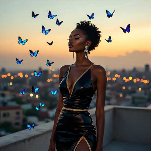 The image features a beautiful woman standing on a rooftop, wearing a black dress and earrings. She is surrounded by numerous blue butterflies flying around her in the sky. The scene creates an enchanting atmosphere as the woman appears to be enjoying this unique experience with nature's beauty.