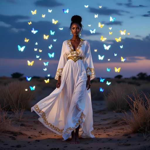 The image features a beautiful woman wearing an elegant white dress, standing in the middle of a desert. She is surrounded by numerous butterflies with blue and yellow wings fluttering around her. The scene creates a sense of wonder and magic as the woman appears to be the center of attention amidst this enchanting display of nature's beauty.
