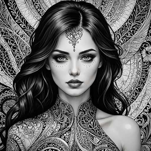 The image is a black and white portrait of a woman with long hair styled in loose waves. The woman's face features a large nose and a small heart tattoo on her forehead. She has dark eyes that are accentuated by heavy eye makeup. The background behind the woman is filled with intricate patterns, adding depth to the overall composition.