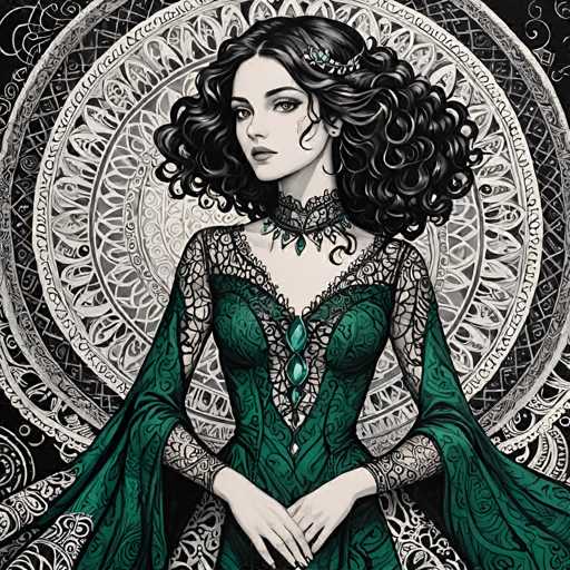 The image depicts a woman with long curly hair wearing a green dress adorned with intricate lace designs and jewels. She is standing against a black background that features a circular pattern. The woman's pose suggests she may be in the midst of a dance or a formal event.