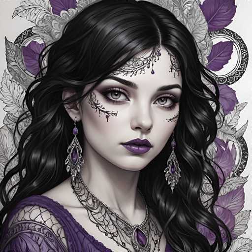 The image depicts a woman with long dark hair wearing a purple dress and earrings. The background features a floral pattern in shades of purple and white.