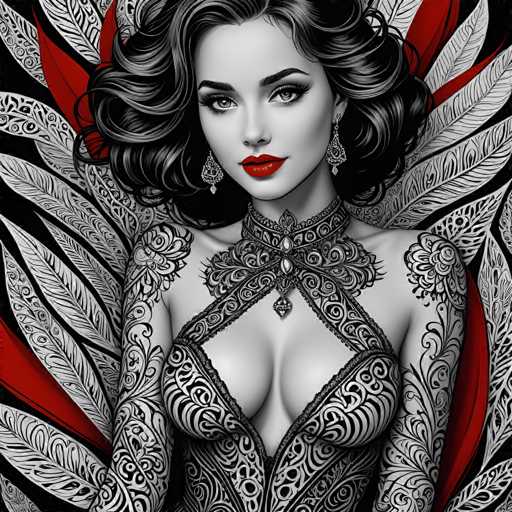 The image depicts a woman with long dark hair wearing a black and white dress adorned with intricate designs. She is positioned against a backdrop of red and white feathers, creating a striking contrast that highlights her features. The woman's face is partially obscured by the ornate dress, adding an air of mystery to the scene.