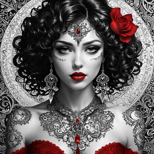 The image depicts a woman with long black hair wearing a red headpiece and earrings. She is wearing a red dress that has a lace overlay. The background features a white circle with intricate designs on it.