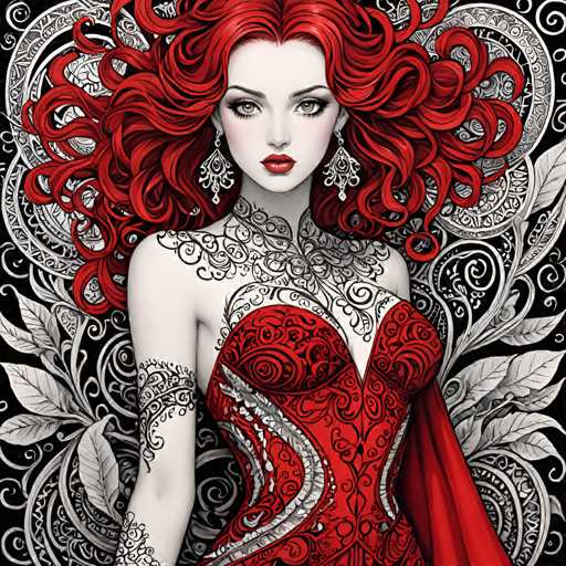 The image depicts a woman with red hair and a red dress adorned with white swirls and patterns. The background features black and white swirls and designs that complement the overall color scheme of the artwork.