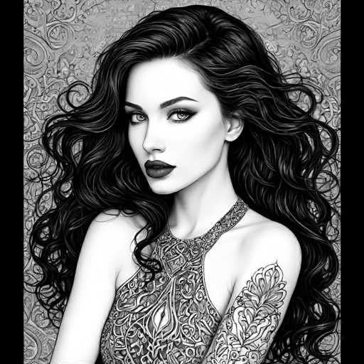 The image is a black and white portrait of a woman with long hair styled in loose curls. She has dark makeup on her eyes and lips, giving her a dramatic look. The background features a floral pattern that complements the overall composition of the image.