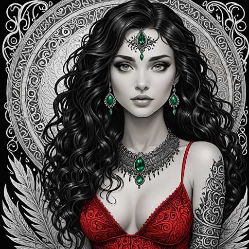 The image depicts a woman with long dark hair wearing a red dress and earrings. She is positioned against a black background adorned with intricate designs. The woman's gaze is directed straight at the camera, creating an engaging visual connection between her and the viewer.