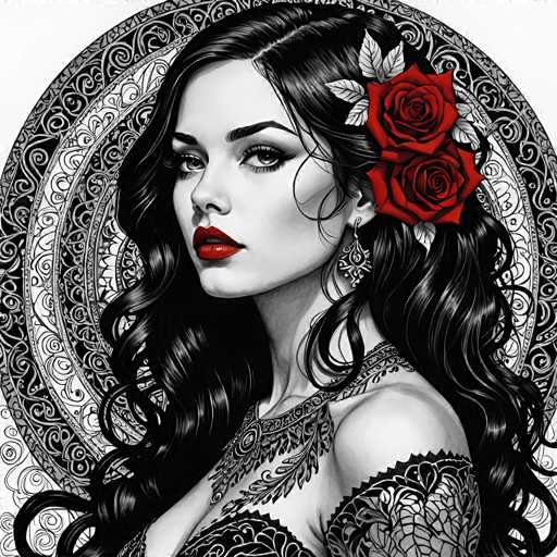 The image depicts a woman with long dark hair wearing a black and white dress adorned with intricate lace designs. She is wearing red lipstick and has two roses pinned to her hair. The background features a circular pattern in black and white.