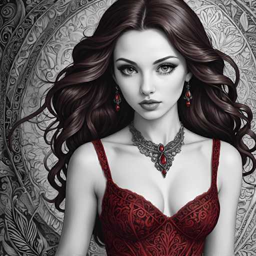 A woman with long brown hair is the central figure in this black and white illustration. She is wearing a red dress that features an intricate pattern of swirls and lines on the bodice. The background behind her is a circular design with a floral motif.