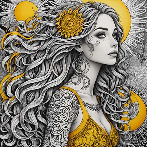 The image depicts a woman with long, flowing hair and a flower in her hair. She is wearing a yellow dress adorned with intricate designs. The background features a black and white patterned design that includes suns and crescent moon shapes.
