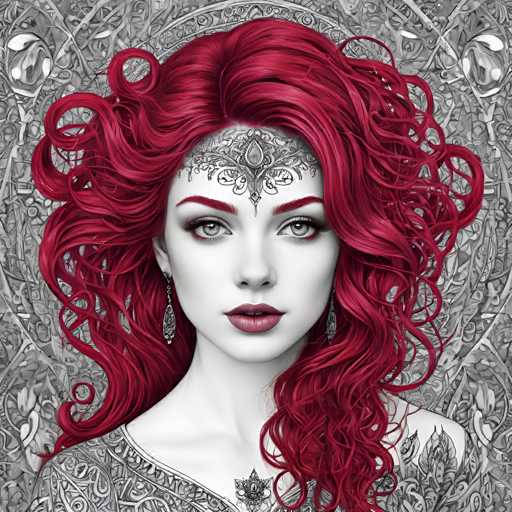 The image depicts a woman with long red hair styled in loose curls and wearing earrings. The background features a black and white patterned design that adds depth and texture to the scene.