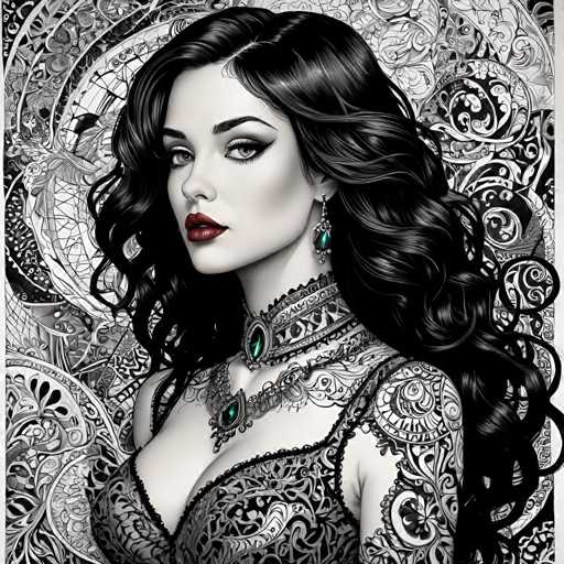 The image depicts a woman with long dark hair wearing a black and white dress adorned with intricate patterns. She is wearing a necklace featuring green gemstones that sparkle against the monochrome background. The woman's gaze is directed straight at the camera, creating an engaging visual connection between her and the viewer.
